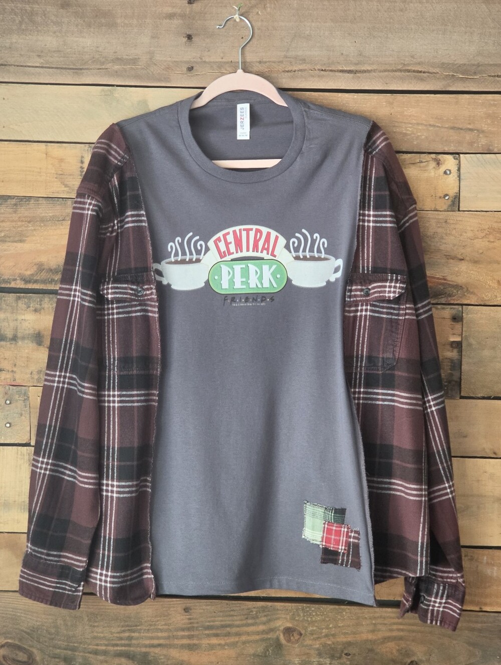 Upcycled Central Perk Graphic T-shirt  With Plaid Long Sleeves